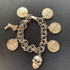Vintage Coin & Skull Charm Bracelet – Silver Tone, Gothic Boho Jewelry
